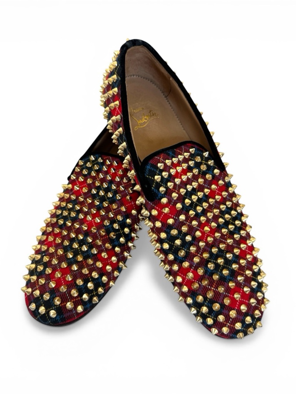 Christian Louboutin Rollerboy Spikes Loafers Mens 41.5 Red Tartan Studded - Picture 2 of 16